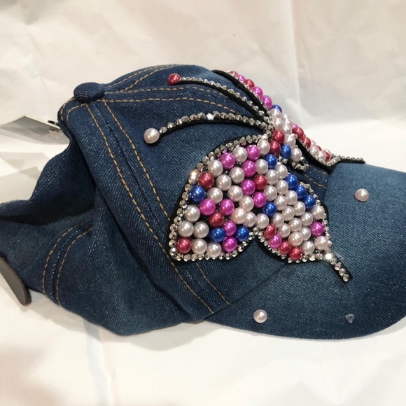 Denim red white pink pearl embellished rhinestone crystal butterfly baseball cap - Picture 9 of 14